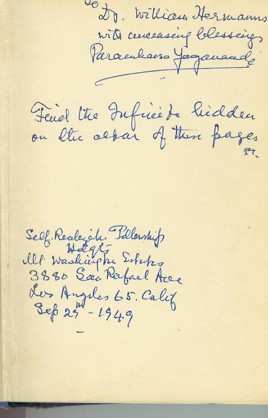 Inscription by Yogananda