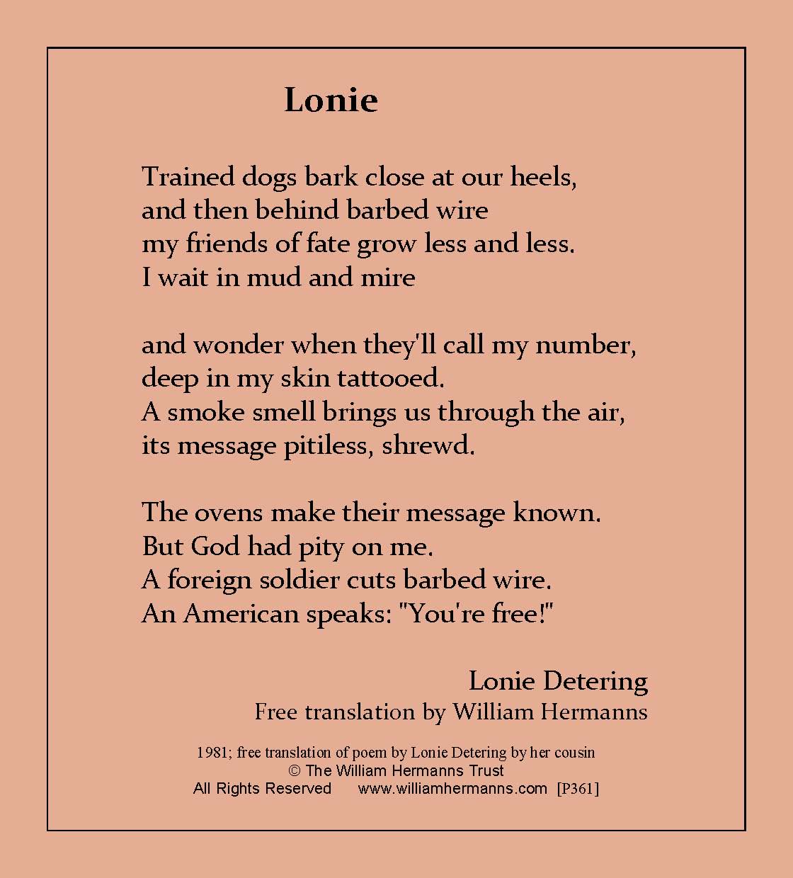 Lonie by Lonie Detering, free translation by William Hermanns