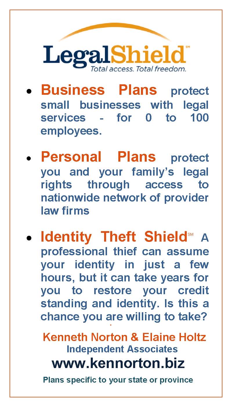 LegalShield for Business and Personal legal plans and for Identity Theft Shield with link to www.kennorton.biz