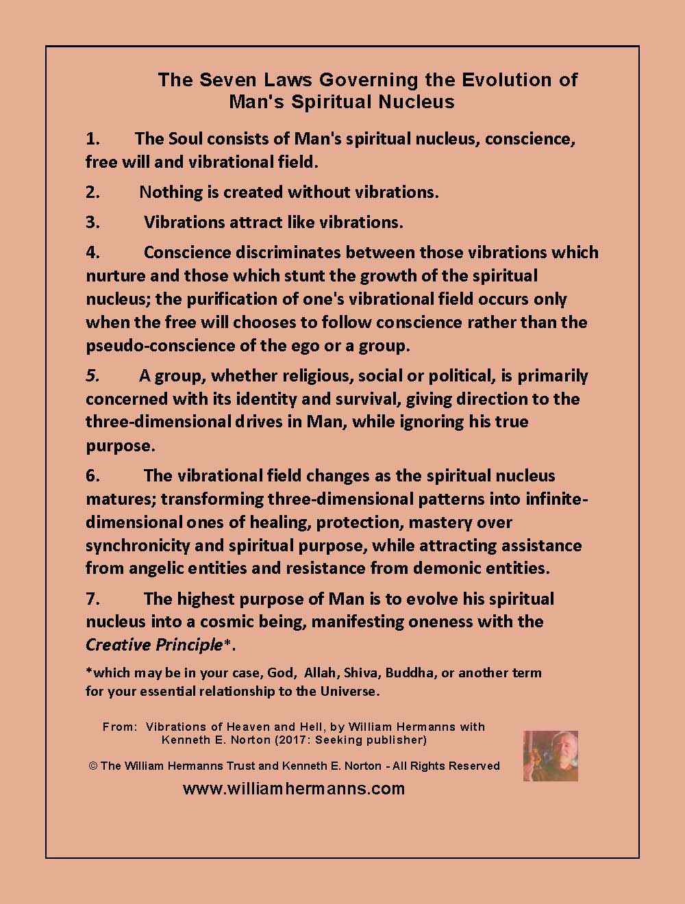 The Seven Laws Governing the Evolution of Man's Spiritual Nucleus - from Vibrations of Heaven and Hell by William Hermanns with Kenneth Norton